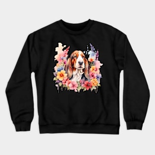 A basset hound decorated with beautiful watercolor flowers Crewneck Sweatshirt